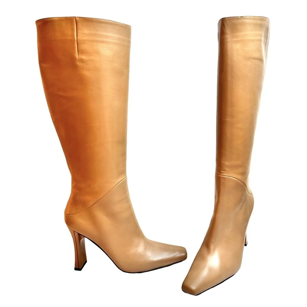 Via Spiga Leather Boots Tan Women's Knee High Ranch Cottagecore Sz 9.5 NEW Boho